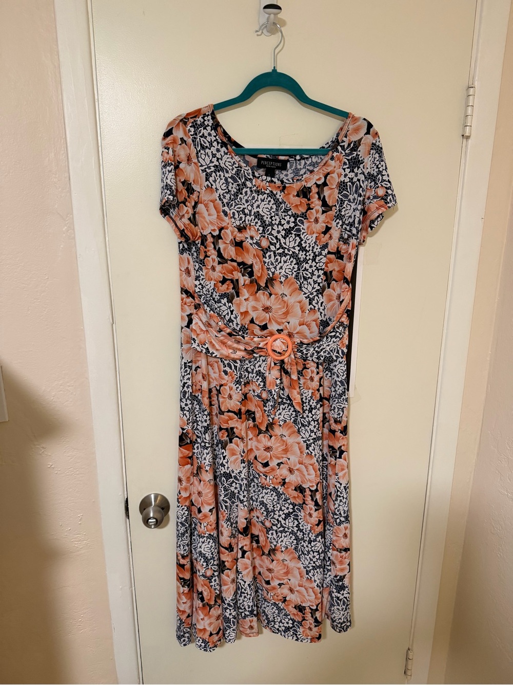 Perceptions Peach Floral Belted Knit Dress on Black